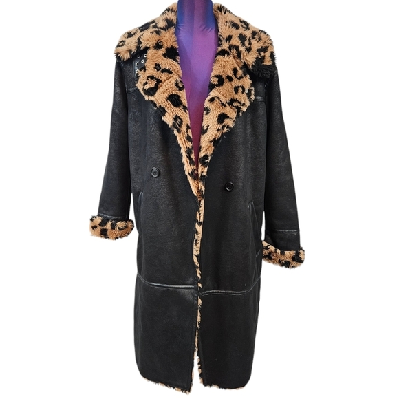 Avec Les Filles Crackle Faux Suede Animal Print Sherpa Midi Coat Size Medium - Picture 11 of 11